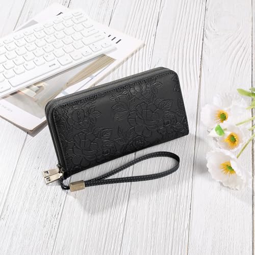 GAEKEAO RFID Leather Wristlet Wallet for Women with Grip Strap | Large capacity clutch wallet, credit card holder, wrist strap, zipper purse, travel and shopping - color: A12 Embossed Dark Black