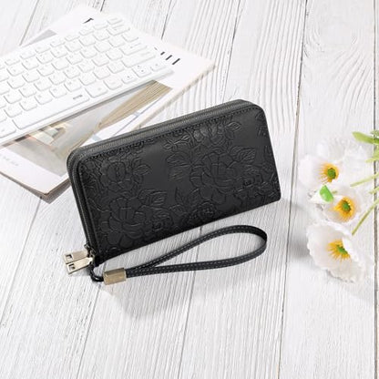 GAEKEAO RFID Leather Wristlet Wallet for Women with Grip Strap | Large capacity clutch wallet, credit card holder, wrist strap, zipper purse, travel and shopping - color: A12 Embossed Dark Black