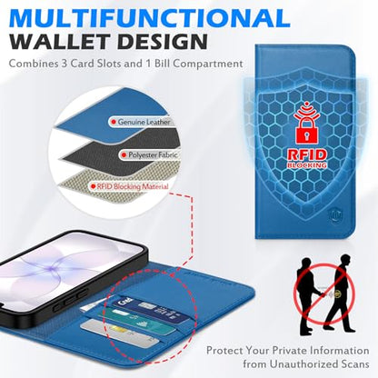 SHIELDON Real Leather Wallet Case for iPhone 17e/16e 6.1", Sapphire Blue | RFID Blocking, Credit Card Holder, Magnetic Closure, Kickstand, Folio Design, Full Protection, Shockproof Phone Cover - color: Sapphire Blue