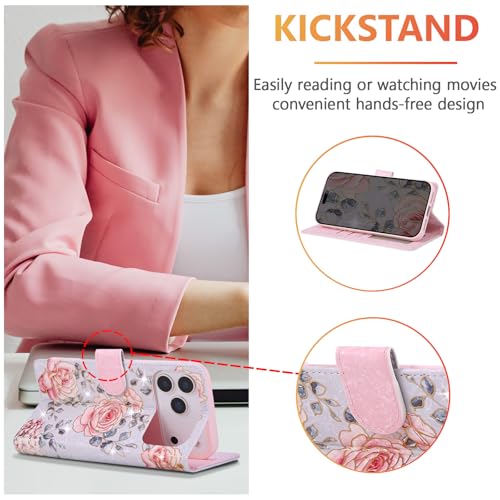 UEEBAI Wallet Case for iPhone 17 Pro, PU Leather Phone Cover Kickstand RFID Blocking Flip Case Card Slots Wrist Strap Relief Engraved Pattern Magnetic Closure Flower Folio Wallet, Purple Rose - color: Purple Rose, size: iPhone 17 Pro
