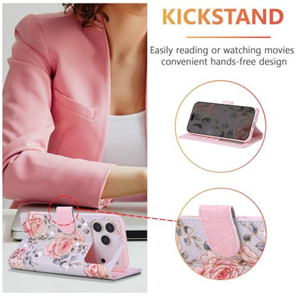 UEEBAI Wallet Case for iPhone 17 Pro, PU Leather Phone Cover Kickstand RFID Blocking Flip Case Card Slots Wrist Strap Relief Engraved Pattern Magnetic Closure Flower Folio Wallet, Purple Rose - color: Purple Rose, size: iPhone 17 Pro