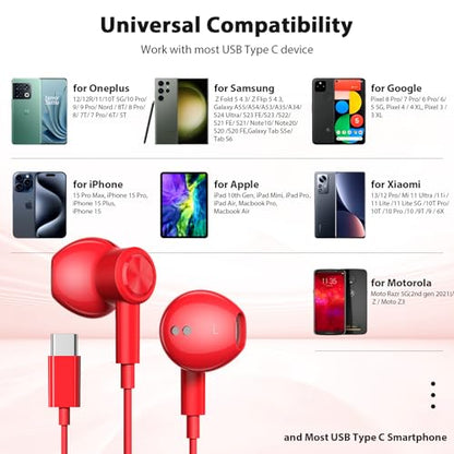 Jelanry Magnetic USB-C Wired Earbuds HiFi Stereo Headphones with Mic, Red - color: Red
