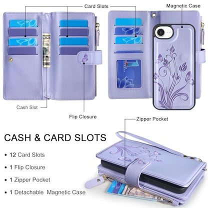Case Wallet Compatible with iPhone 16e/17e, [12 Card Slots] ID Credit Cash Holder Zipper Pocket Detachable Leather Wallet Cover with Wrist Strap Lanyard（Floral Light Purple） - color: Floral Light Purple