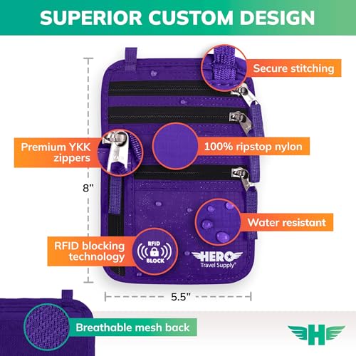 HERO Neck Wallet - RFID Blocking Passport Holder, Easy to Conceal Travel Pouch (Purple) - color: Purple