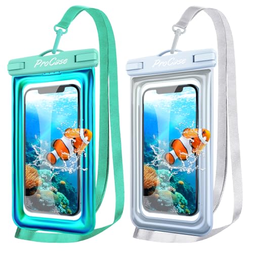 ProCase 2 Pack Floating Waterproof Phone Pouch, IPX8 Dry Bag for 7" Phones | Fits iPhone 17/16/15/14, Galaxy S24/S23 & Pixel 8/7. Touchscreen Waterproof Pouch for Swimming, Diving & Snow -Whitegreen - color: White/Green