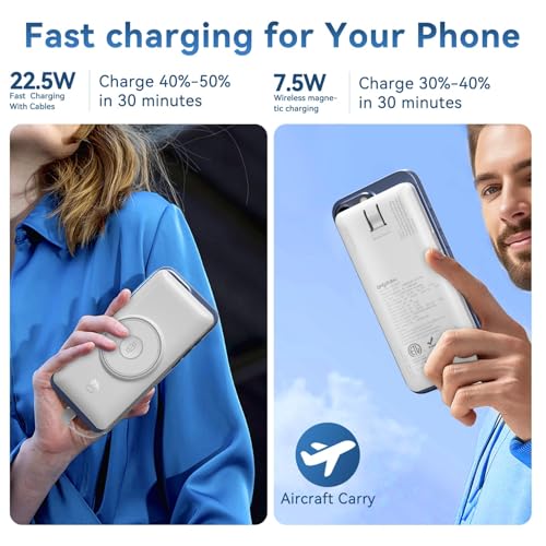 Magnetic 10000mAh Portable Charger for iWatch & iPhone, PD Fast Charging Wireless Power Bank Built-in Cables and Wall Plug, External Travel Battery Pack Compatible with iOS Android Phones - color: White