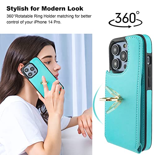 Folosu Compatible with iPhone 14 Pro Case Wallet with Card Holder, 360°Rotation Finger Ring Holder Kickstand, RFID Blocking Leather Protective Double Buttons Shockproof Cover 6.1 Inch Green - color: Mint Green, size: iPhone 14 Pro