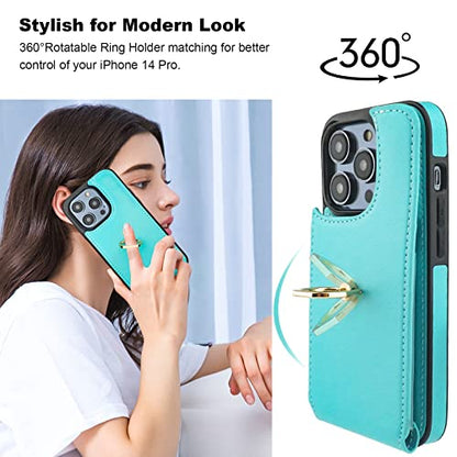 Folosu Compatible with iPhone 14 Pro Case Wallet with Card Holder, 360°Rotation Finger Ring Holder Kickstand, RFID Blocking Leather Protective Double Buttons Shockproof Cover 6.1 Inch Green - color: Mint Green, size: iPhone 14 Pro