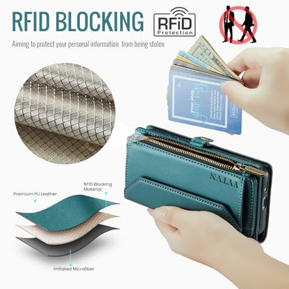 for Samsung Galaxy S23 FE Wallet Case with Card Holder, Green | RFID Blocking Slots, Crossbody Lanyard, Wrist Strap, Zipper Pocket Purse Handbag, Magnetic Closure - color: Green, size: Galxay S23 FE