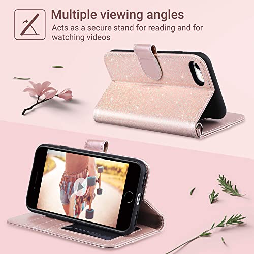 ULAK for iPhone SE (2022)/SE(2020)/8/7 Wallet Case Card Holder Pink Glitter | Premium PU Leather Flip Case with Kickstand Card Slots,RFID Blocking,Wrist Strap, Durable Shockproof Cover 4.7 Inch - color: Glitter