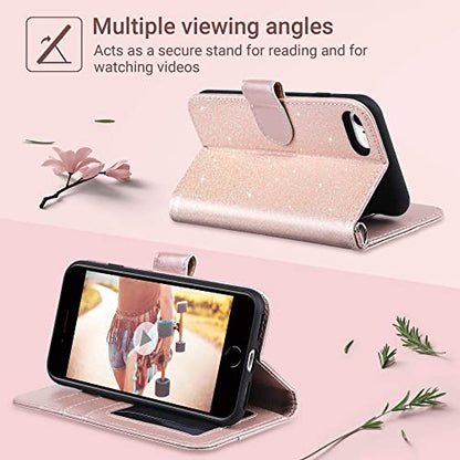ULAK for iPhone SE (2022)/SE(2020)/8/7 Wallet Case Card Holder Pink Glitter | Premium PU Leather Flip Case with Kickstand Card Slots,RFID Blocking,Wrist Strap, Durable Shockproof Cover 4.7 Inch - color: Glitter