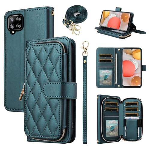 Wallet Case for Samsung Galaxy A12/M12 with Wrist Strap, Crossbody Shoulder Strap, 9+ Card Slots Zipper Purse, Luxury PU Leather Stand Cell Phone Cover for A 12 5G A-12 S12 12A 4G Women Green | Girls, Wrist/Shoulder Strap, 9+ Card Slots, Purse, Luxury PU