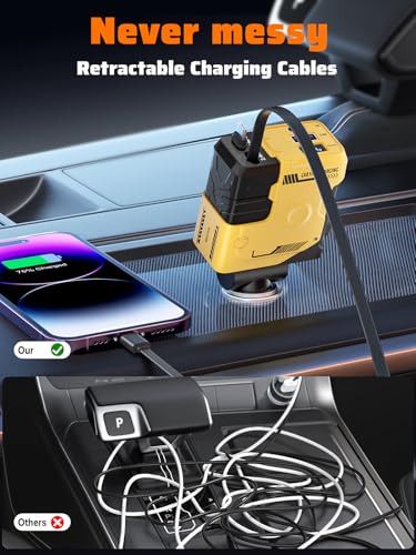 Retractable Car Charger with Retractable Cables (31.5 inch), 4 in 1 Super Fast Car Phone Charger, 2 USB Ports Car Charger Adapter, Compatible with iPhone 15 14 13 12 11 Pro Max, iPad, Pixel - color: Yellow