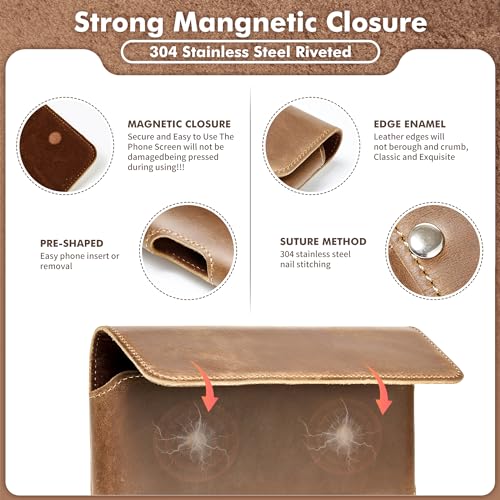 Gcepls Leather Phone Holster for iPhone 14,15,15 Pro,16,16 Pro,Galaxy S23,S24,Brown Cowhide Leather Phone Belt Holder Pouch with Belt Clip - color: Brown, size: Medium (6.3x3.35x0.7”)