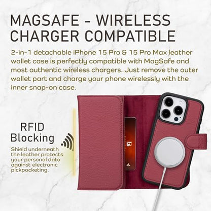 Bayelon Wallet Case for iPhone 15 Pro Max, Trifold Leather Wallet, Detachable Magnetic Flip Folio Cover, Card Holder, iPhone 15 Pro Max Wallet Case, MagSafe Compatible, RFID Blocking (Burgundy) - color: Burgundy, size: iPhone 15 Pro Max