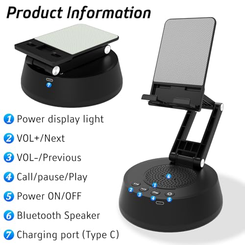Cell Phone Stand with Wireless Bluetooth Speaker,Adjustable Height and Angle Phone Stand for Desk, HD Stereo Sound & Anti-Slip Base Phone Holder Speaker Compatible with iPhone,Gifts for Men Women