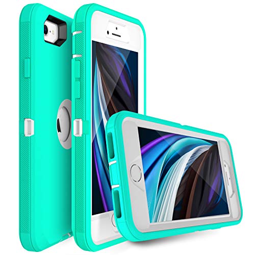 MXX Case Designed for iPhone SE Case 2020 /SE 2022 Heavy Duty Protective Case with Screen Protector [3 Layers] Rugged Rubber Protection Cover & Rotating 360 Degree Belt Clip SE 3rd/2nd Gen(Aqua/White) - color: Aqua/White