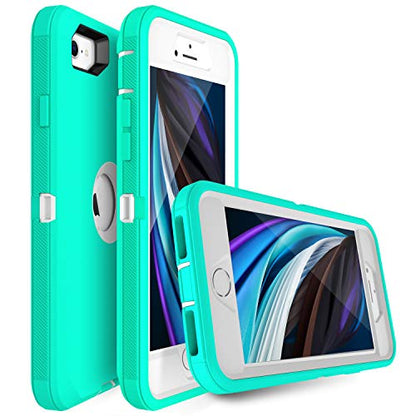 MXX Case Designed for iPhone SE Case 2020 /SE 2022 Heavy Duty Protective Case with Screen Protector [3 Layers] Rugged Rubber Protection Cover & Rotating 360 Degree Belt Clip SE 3rd/2nd Gen(Aqua/White) - color: Aqua/White