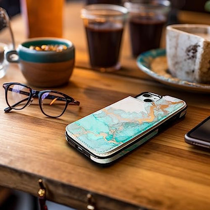 uCOLOR for iPhone 13/14 Wallet Case with Card Holder Ocean Marble | PU Leather RFID Blocking for Women Men Magnetic Clasp Kickstand - color: Ocean Marble