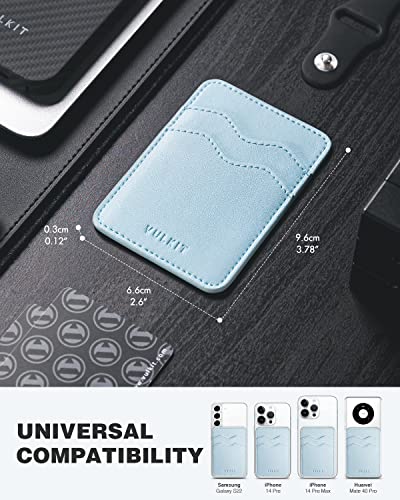 VULKIT Stick on Card Holder Compatible for iphone Leather Cell Phone Wallet Credit Card Case Strong Sticker for Women - color: Blue