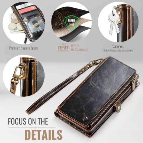 Defencase for Samsung Galaxy A37 5G Wallet Case with Card Holder, Coffee | RFID Blocking, Zipper Pocket, Durable PU Leather, Wrist Strap, Fashion Snap Flip Phone Cases Cover with Stand for Women Men - color: Coffee