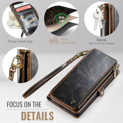 Defencase for Samsung Galaxy A37 5G Wallet Case with Card Holder, Coffee | RFID Blocking, Zipper Pocket, Durable PU Leather, Wrist Strap, Fashion Snap Flip Phone Cases Cover with Stand for Women Men - color: Coffee