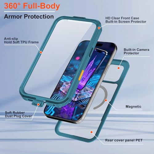 iPhone 17 Pro Case, Magnetic Waterproof IP68 Underwater Protection [6.6FT], Military Grade Drop Tested Full-Body Case with Screen & Camera Protector, Compatible with MagSafe (Teal) - color: Teal, size: iPhone 17 Pro