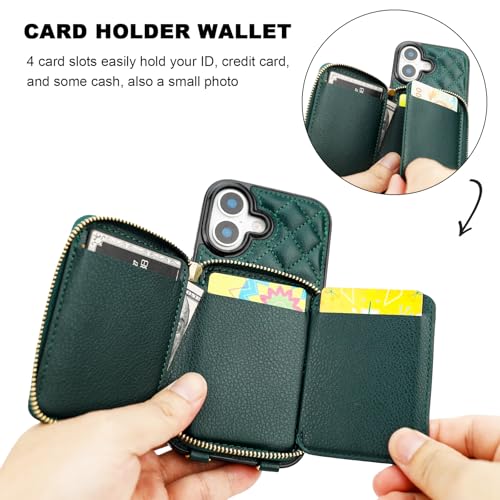 Bocasal Crossbody Wallet Case Card Holder for iPhone 17, Dark Green | RFID Blocking PU Leather Zipper Handbag Purse, Kickstand Flip Folio Case with Card Slots Holder Wrist Strap Lanyard 6.3 Inch - color: Dark Green