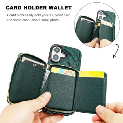 Bocasal Crossbody Wallet Case Card Holder for iPhone 17, Dark Green | RFID Blocking PU Leather Zipper Handbag Purse, Kickstand Flip Folio Case with Card Slots Holder Wrist Strap Lanyard 6.3 Inch - color: Dark Green