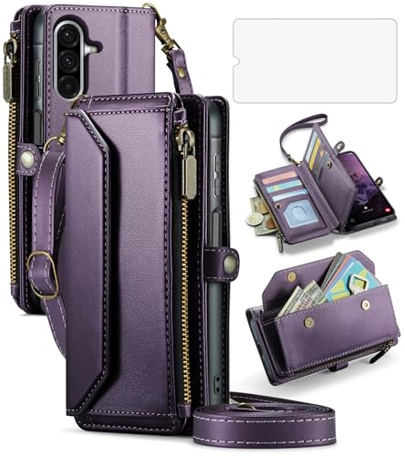 Asuwish Phone Case for Samsung Galaxy A17 5G Zipper Wallet Cover with Tempered Glass Screen Protector and Leather Flip RFID Blocking Credit Cash Card Holder Stand Cell A 17 17A 4G Women Girls Purple - color: Purple