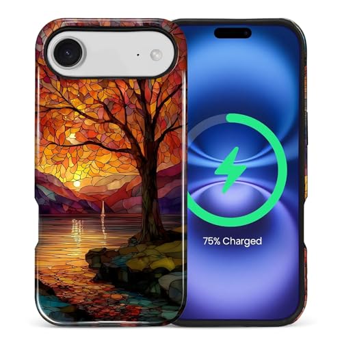 Magnetic Phone Case for iPhone 17 Air,Compatible with MagSafe,Durable 2 Layers Full Covered Shockproof Protective Cover-Stained Glass Sunrise Fall Leaves - color: Stained Glass Sunrise Fall Leaves, size: iPhone 17 Air