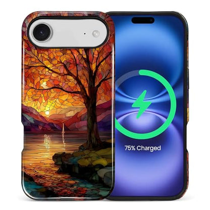 Magnetic Phone Case for iPhone 17 Air,Compatible with MagSafe,Durable 2 Layers Full Covered Shockproof Protective Cover-Stained Glass Sunrise Fall Leaves - color: Stained Glass Sunrise Fall Leaves, size: iPhone 17 Air