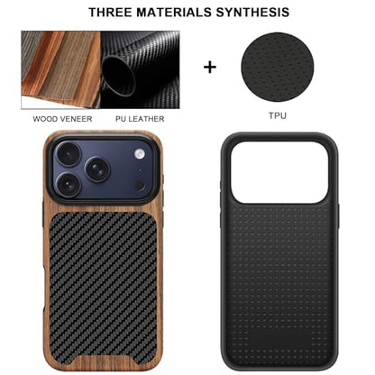 TENDLIN Compatible with iPhone 17 Pro Max Case Wood Grain with Carbon Fiber Texture Design Leather Hybrid Slim Case (Black) - color: Black, size: iPhone 17 Pro Max