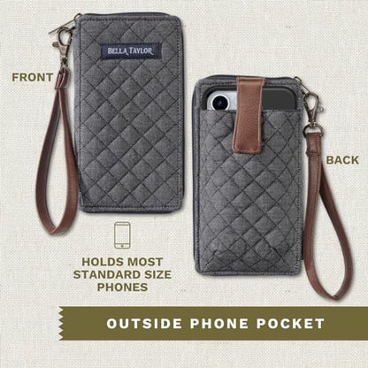 Bella Taylor Cell Phone Wristlet, Quilted Phone Wallet for Women | Lightweight, RFID blocking, phone pocket, built-in wallet, card organizer, coin pocket, secure zipper, quality construction - color: Dark Denim