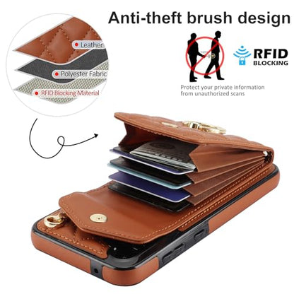 Phone Case for Samsung Galaxy S24 5G Wallet Cover with Tempered Glass Screen Protector Crossbody Wrist Strap Ring Stand RFID Blocking Credit Card Holder Cell S 24 24S G5 SM-S921U Women Men Girls Brown - color: Brown