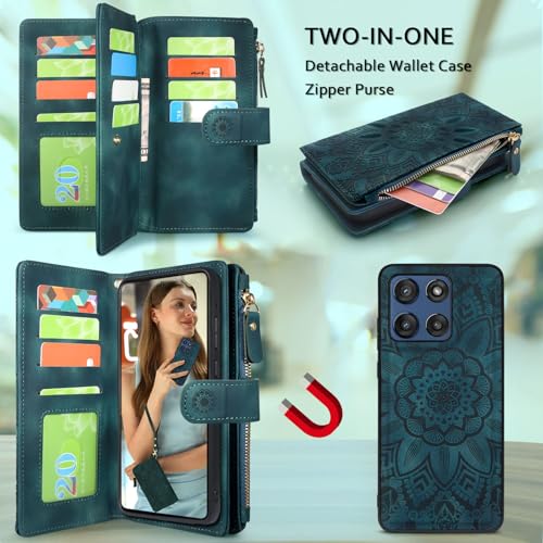 Harryshell Detachable Wallet Leather Case Compatible with Motorola Moto G Stylus 5G 2025/2026 Magnetic Phone Case Zipper with Cash Coin Pocket Multi Card Slots Holder Wrist Strap (Flower Teal) - color: Flower Teal, size: Moto G Stylus 5G 2025