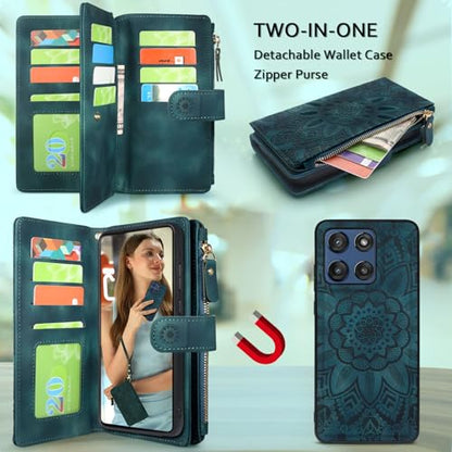 Harryshell Detachable Wallet Leather Case Compatible with Motorola Moto G Stylus 5G 2025/2026 Magnetic Phone Case Zipper with Cash Coin Pocket Multi Card Slots Holder Wrist Strap (Flower Teal) - color: Flower Teal, size: Moto G Stylus 5G 2025