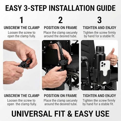 2-in-1 Universal Cup Holder with Phone Holder for Walker Wheelchair Rollator Stroller Bike Mobility Scooter, Adjustable Drink & Cellphone Storage, Easy Zip Tie Mount, Black