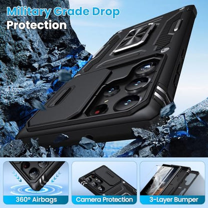 for Samsung Galaxy S22 Ultra Case with 2 PCS HD Screen Protector, Military Grade Drop Protection Metal 360 ° Rotating Ring Kickstand Slide Camera Cover, Shockproof for Galaxy S22 Ultra Case, Black | 2 PCS HD Screen Protector, Magnetic Metal 360 ° Rotating