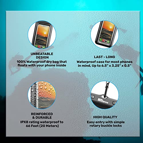 H2ODYSSEY Waterproof Phone Case and Lanyard - Excellent Waterproof Protection - Floats in The Water -Lanyard for Beach Kayak Travel - Universal Size - Black - color: Black