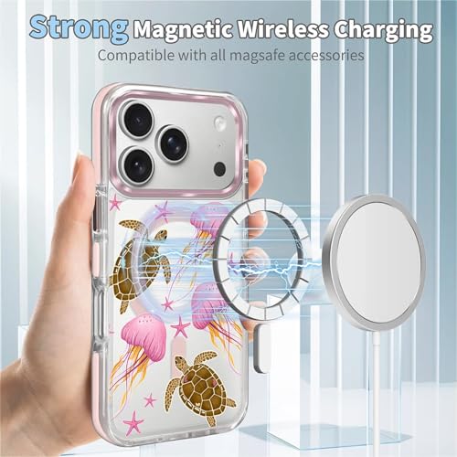 VisEnt Clear Case for iPhone 17 Pro, Magnetic Phone Case, Transparent Slim Cover, Military Grade Protection, Shockproof, Anti-Yellowing, Scratch Resistant, Pink Jellyfish Sea Turtle - color: Pink Jellyfish Sea Turtle, size: Iphone 17 Pro