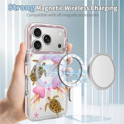VisEnt Clear Case for iPhone 17 Pro, Magnetic Phone Case, Transparent Slim Cover, Military Grade Protection, Shockproof, Anti-Yellowing, Scratch Resistant, Pink Jellyfish Sea Turtle - color: Pink Jellyfish Sea Turtle, size: Iphone 17 Pro
