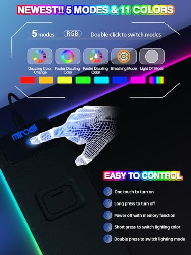 Mouse Pad with 15W Magnetic Wireless Charging 31.5x15.75 Inch, RGB Mousepad for Desk Mat, XXL Desk Pad with 11 Colors & 5 Modes, Home Office Large Keyboard Pad Waterproof Non-Slip for Gaming PC Setup - color: Black Touch Control Magnetic XXL