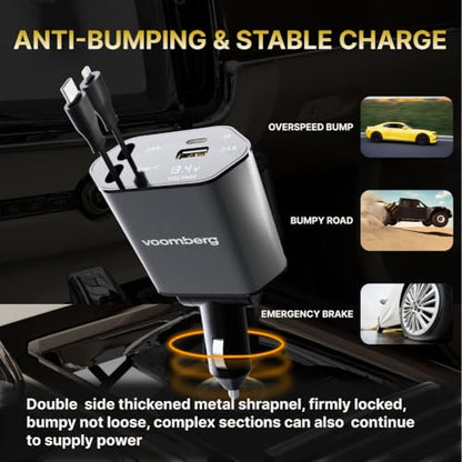 Retractable Fast Car Charger 100W for CarPlay, 4-in-1 Car Charger Adapter with 31.5" Built-in Cables & Dual USB Ports, Compatible with iPhone 11, 12,13,14,15,16,17 & Samsung Devices, Tablets and More