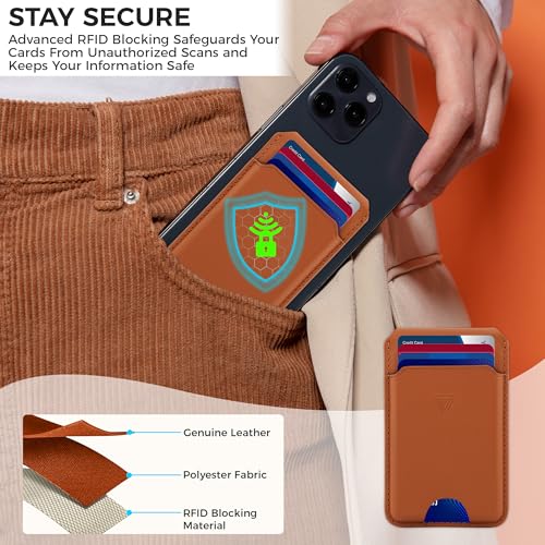 Genuine Leather MagSafe Wallet with Stand | RFID Blocking Magnetic Phone Wallet Card Holder for iPhone 17/16/15/14/12 | Ultra-Slim Minimalist Design | Stronger Magnetic Grip (LIGHT BROWN) - color: LIGHT BROWN