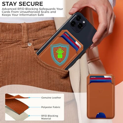 Genuine Leather MagSafe Wallet with Stand | RFID Blocking Magnetic Phone Wallet Card Holder for iPhone 17/16/15/14/12 | Ultra-Slim Minimalist Design | Stronger Magnetic Grip (LIGHT BROWN) - color: LIGHT BROWN