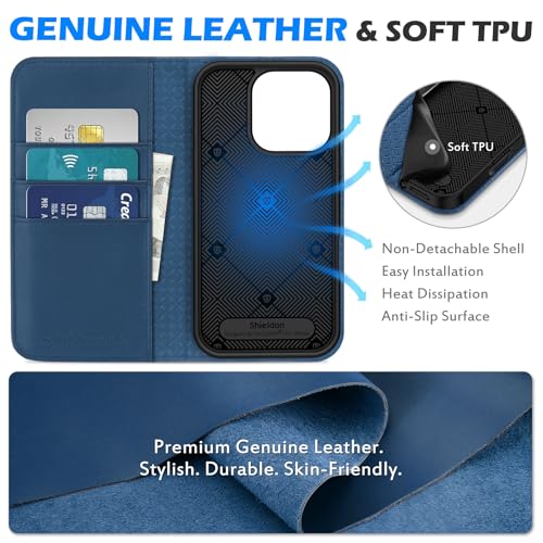SHIELDON Genuine Leather Magnetic Case Wallet for iPhone 16 Pro, Royal Blue | Flip Magnetic Closure, RFID Blocking 3 Card Holder, Kickstand, Full Protection, Shock Absorbing Protective Cover - color: Royal Blue