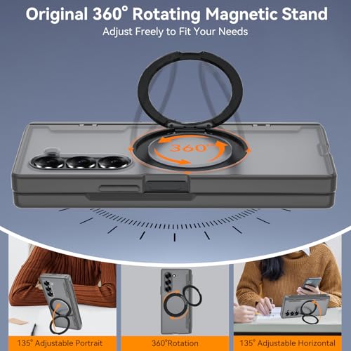 Upgraded 360° Spin Magnetic Invisible Ring Stand for Samsung Galaxy Z Fold 6 Case,[Compatible with MagSafe][S Pen Holder][Hinge Protection][Screen Protector],Shockproof Full Body Phone Cover (Grey) - color: Grey