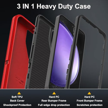 for Samsung Galaxy S23 FE Case with 2Pcs Tempered Glass Screen Protector and 1Pcs Camera Lens Protector, 3 in 1 Heavy Duty Shockproof/Drop Proof/Dust Proof Case (Red/Black) - color: Red/Black