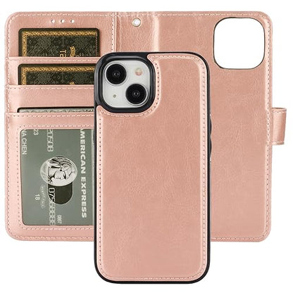 Bocasal Detachable Wallet Case Card Holder for iPhone 15, Rose Gold | RFID Blocking Kickstand Card Slots Holder PU Leather Magnetic Shockproof Wrist Strap Removable Flip Protective Cover 6.1 inch - color: Rose Gold